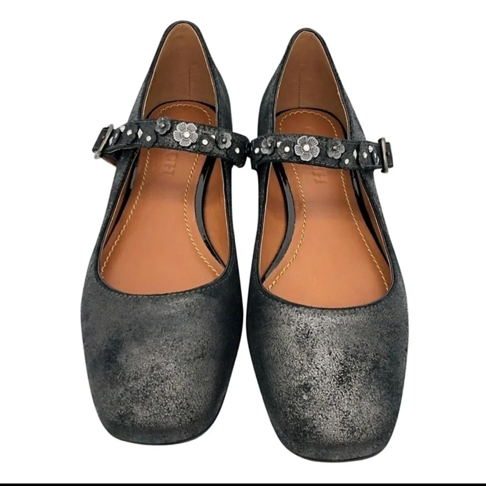 COACH Mary Jane Floral Embellished Anthracite Leather Flats Shoes size 6.5 - Picture 1 of 5
